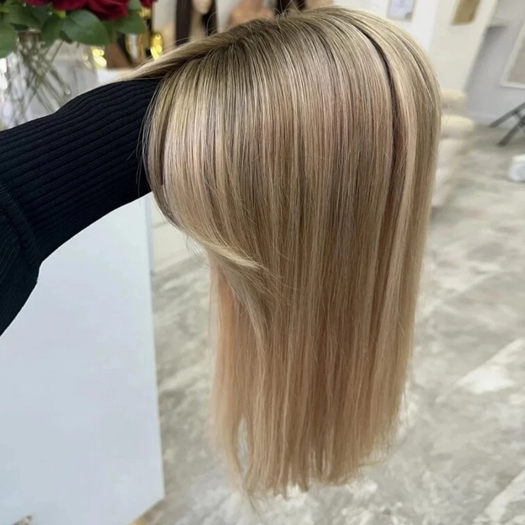 

Натуральный прямой парик Светло-русый синтетический парик Ombre 13*4 HD Прозрачный кружевной фронтальный парик с челкой Повседневная вечеринка Использование