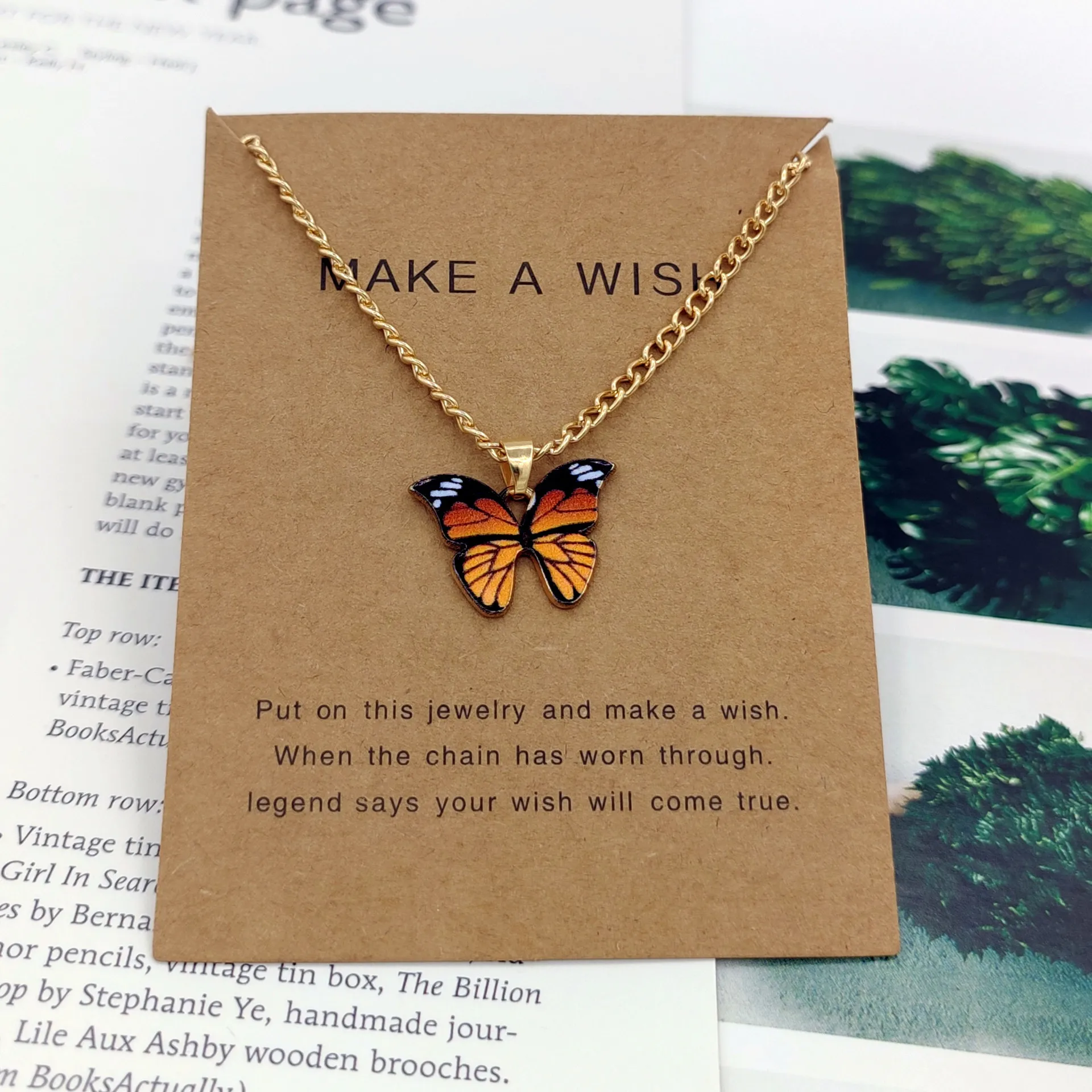 New Trendy Alloy Cute Pendant Necklaces Bohemian Elegant Butterfly Make A Wish Card for Women Fashion Jewelry Dropship