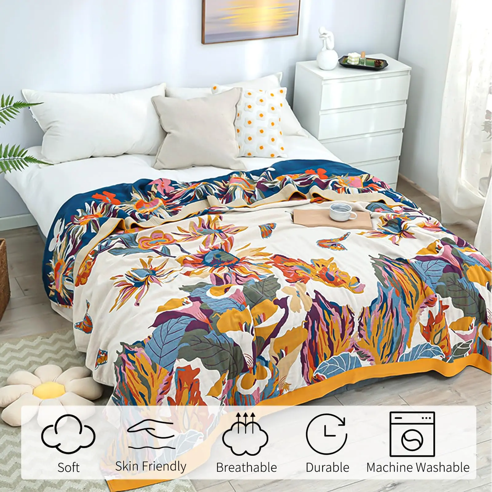 Boho Throw Blanket for Couch Bed Cotton Soft Rustic Quilt Super Soft Farmhouse Decor Reversible Blankets All Season Rustic Throw