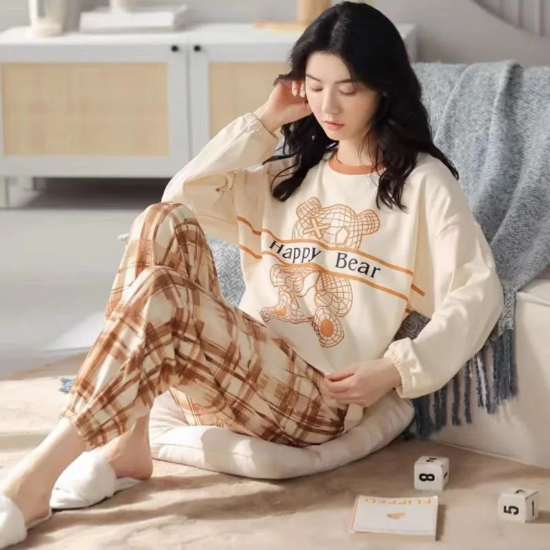 Damen-Pyjama in Übergröße, langärmelig, Seide, Cartoon-Studenten, Homewear, zwei Sets, Rundhals-Tops und Hosen, Nachtwäsche, Loungewear – Detail 6