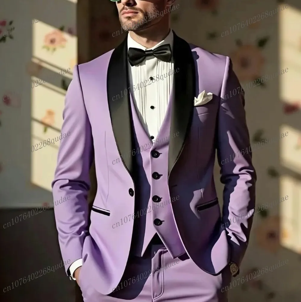 Traje rosa con cuello negro para hombre, traje para fiesta de boda, novio, padrino de boda, esmoquin para hombre, traje de novio, conjunto de 3 piezas, chaqueta, chaleco, pantalones