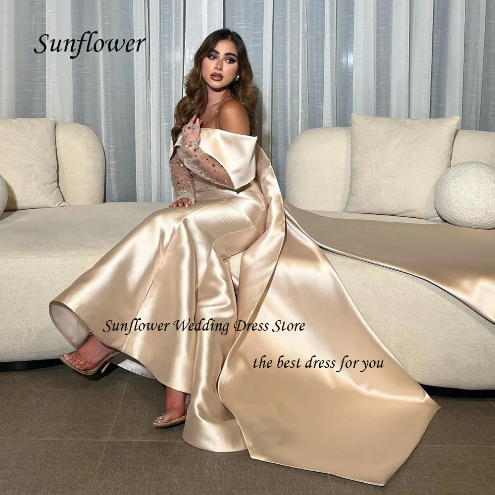 Sunflower Off the Shoulder Evening Dress Saudi Arabia 2023 Slim Satin Mermaid Lace Sleeves Prom dress Floor-Length Party Dress