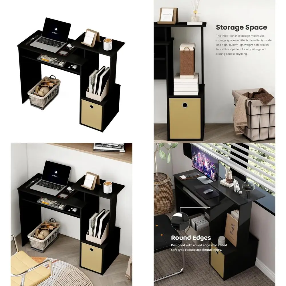 

Compact Desk with Drawers and Shelves, Home Office Furniture in Black/Brown for Bedroom Workspace