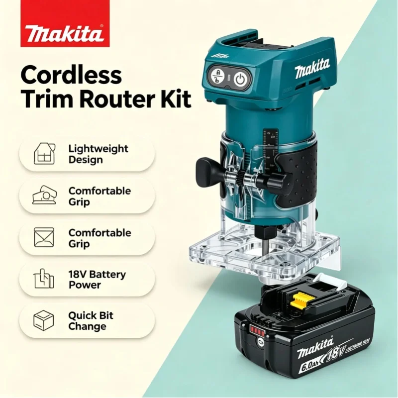 Zuverlässiger Original Makita DRT52 18V LXT Akku-Kompaktfräser, kabelloser tragbarer Holztrimmer für präzises Kantenschleifen, Nutenbearbeitung, Schlitzherstellung, Tischlerei, Montage und