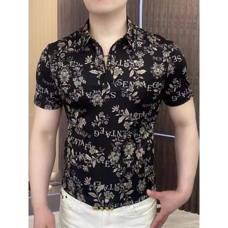 Luxury Letter Floral Polo Shirt for Men Summer Short Sleeved Lapel Casual T-shirt Fashion Social Business Streetwear Polo Shirts