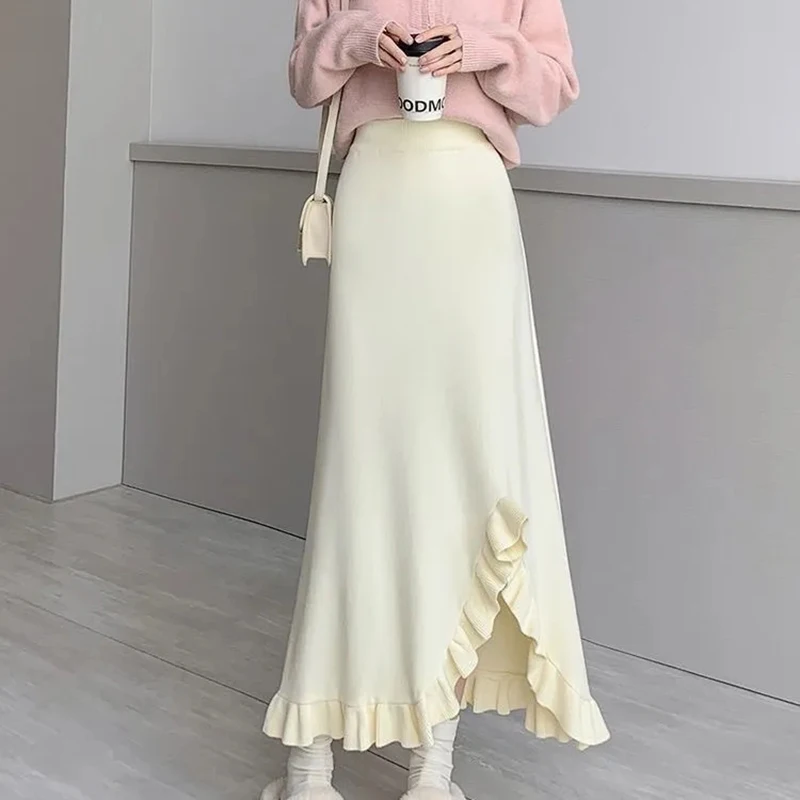 

Ruffles Knitted Midi Skirt Women Fall Winter Korean Split Irregular Mermaid Skirts High Waist Slim Fit Elegant Office Lady Skirt