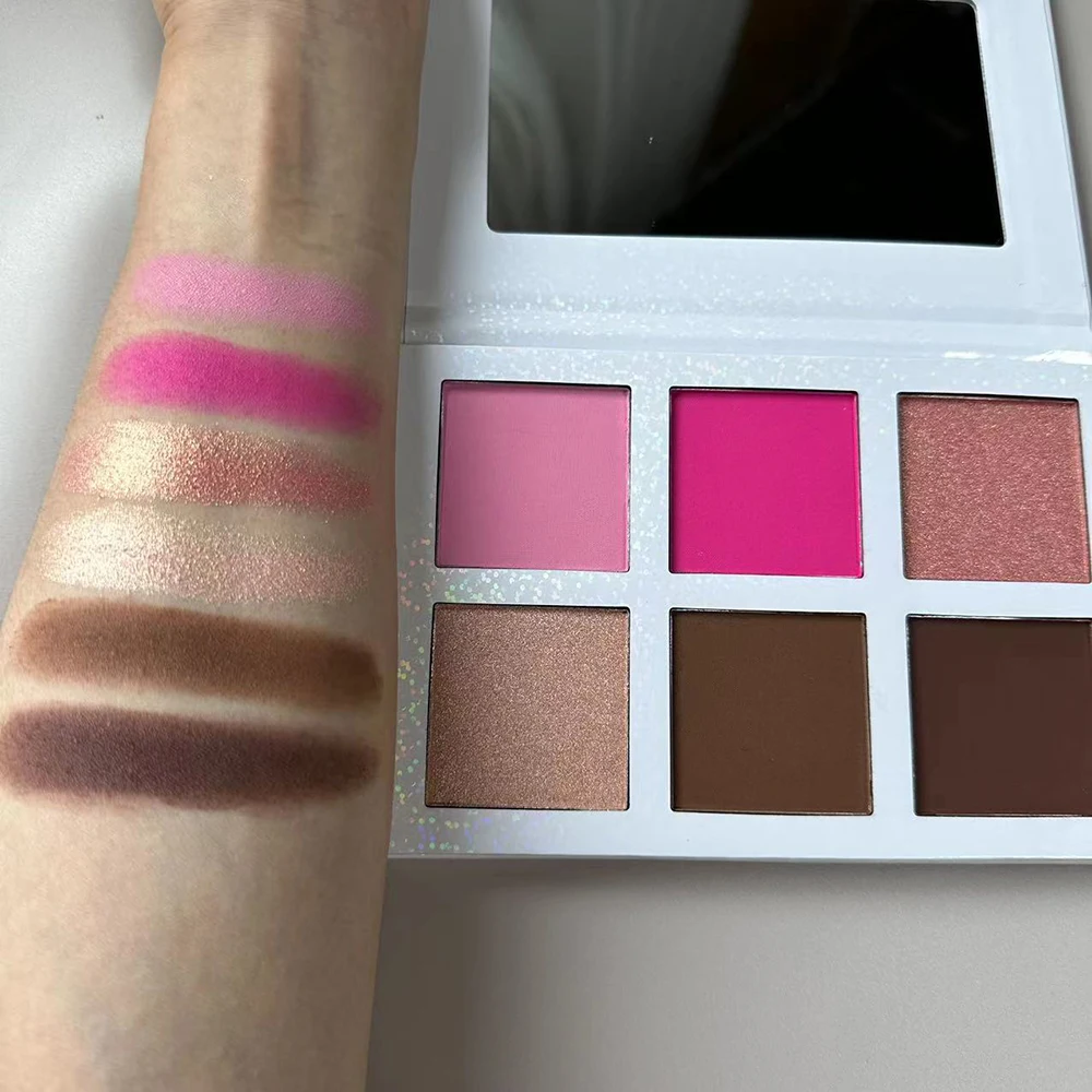 개인 상표 블러쉬 파우더 맞춤형 로고 6 색 방수 안료 사각형 구멍 하이라이트 블러셔 컨투어링 팔레트 페이스 메이크업