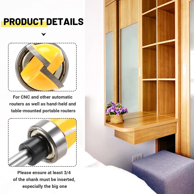 ABXF-3Pcs 1/4 بوصة عرقوب وعاء وصينية راوتر بت، وعاء وصينية قالب راوتر بت مجموعة مع محمل كروي