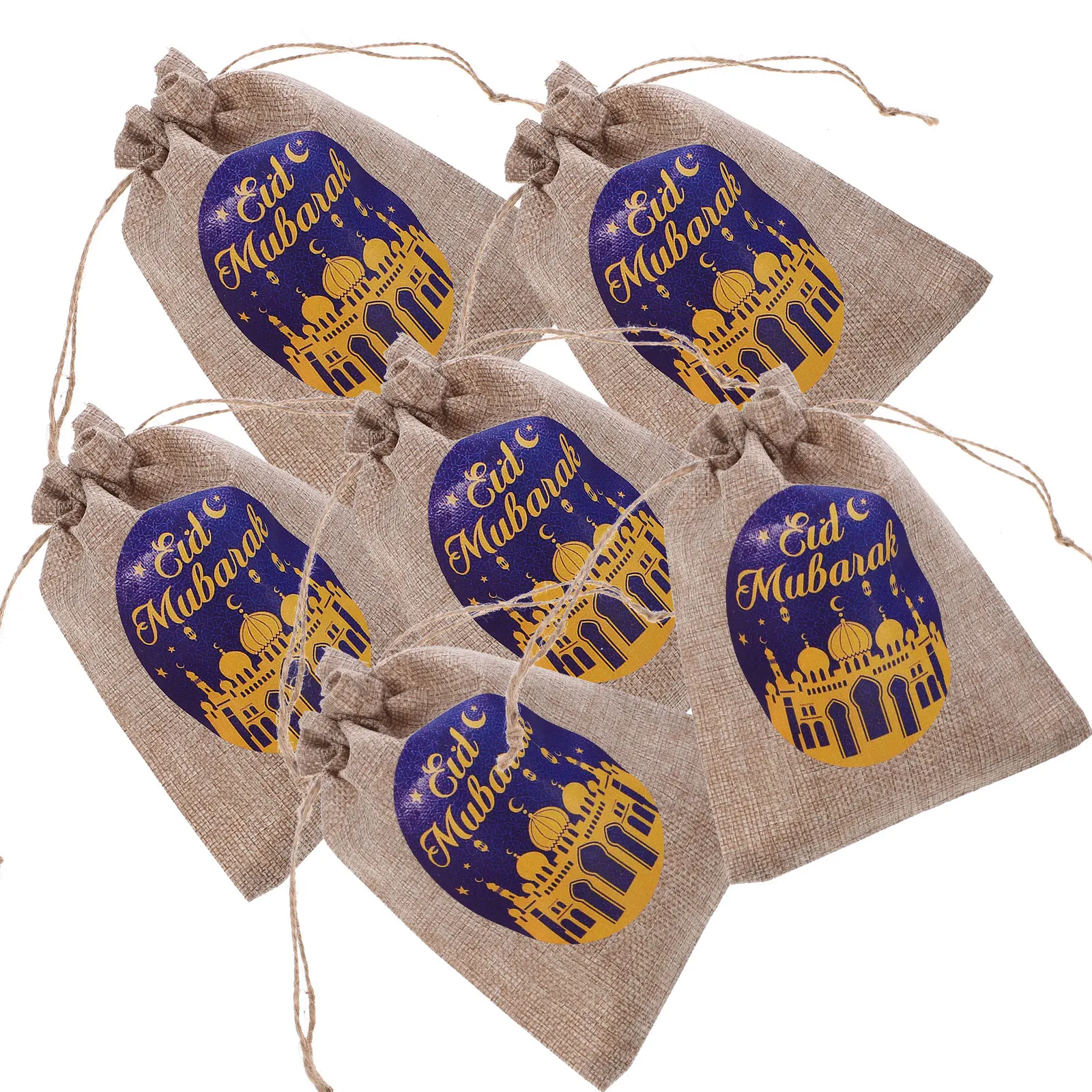 

6 Pcs Candy Bag Eid Mubarak Drawstring Linen Gift Bags 15x20cm Portable Reusable Party Treat Storage Ramdan Theme