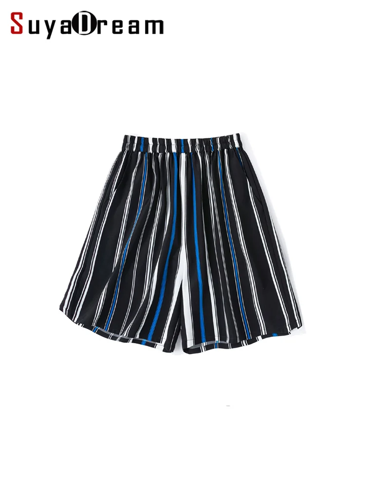 SuyaDream,Men's Casual Striped Printed Shorts, 24 Momme Stretch Heavy Crepe Silk Vacation Loose Trousers