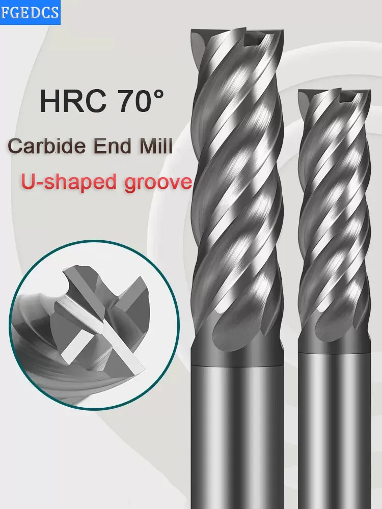 

HRC 70 Tungsten Steel Milling Cutter U-groove Stainless Steel Special Hard Alloy End Mill Face Bit CNC Tools 4 Flute 4 8 12 16mm