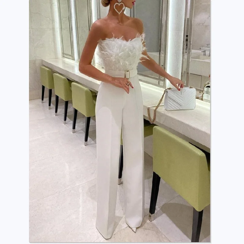 

Jumpsuit Women Elegant Long Strapless Slash Neck Feather Tube Top Sexy Fashion Party Night Evening Jumpsuit 2022 Summer