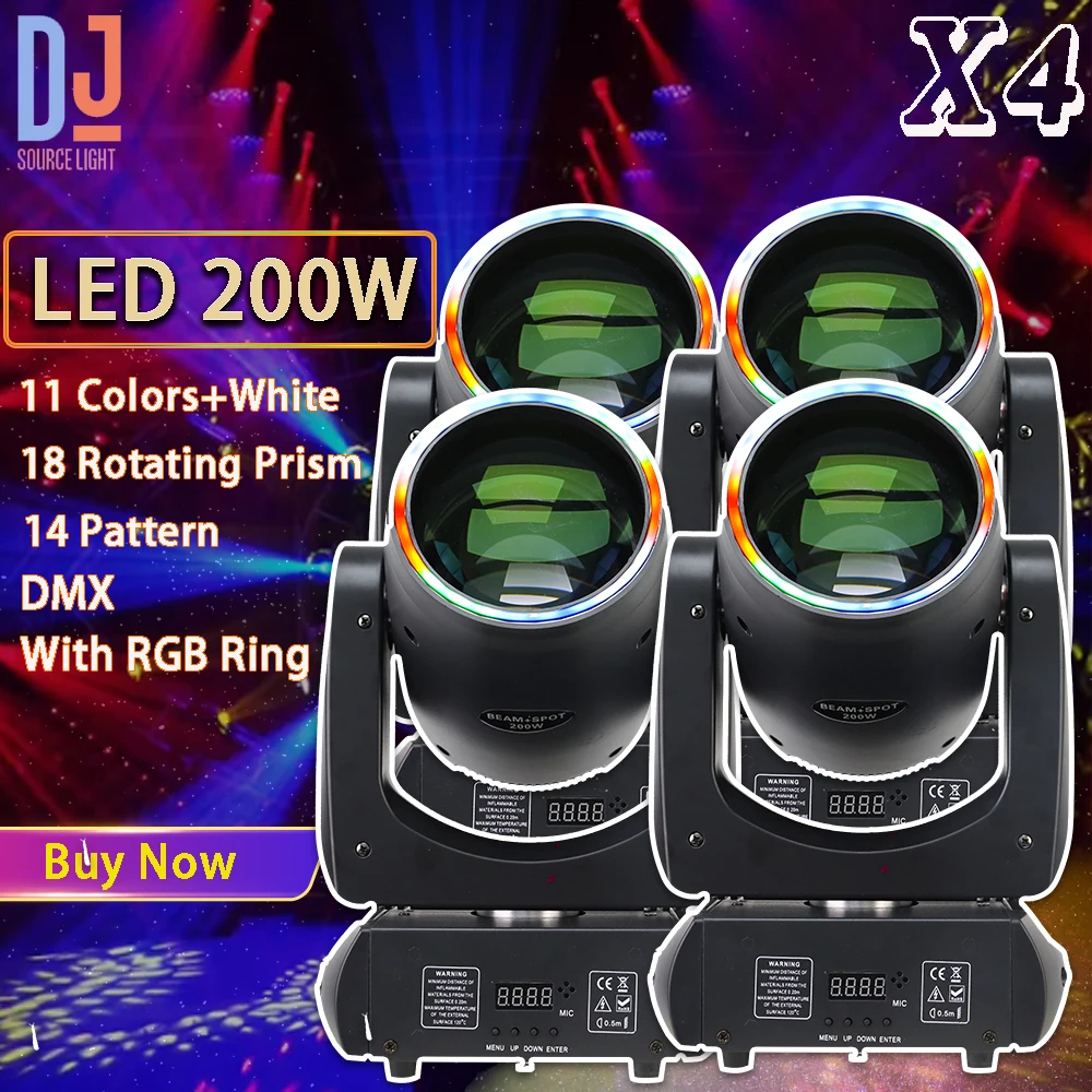 

4Pcs/lot 200W LED Beam Spot Moving Head Light Dj Stage Lights 18 Rotating Prism DMX Disco Party Bar Club Stage Effects Lamp