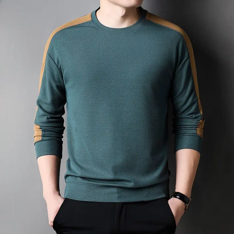 Fashion Men Long Sleeve Knitted T-Shirt Korean Streetwear Business Spring Autumn New Round Neck Casual Male Clothes Tops 2023