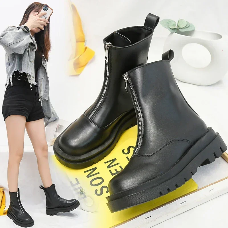 Women's Front Zipper Fashion Boots Round Head Square Heel Waterproof Platform Womens Shoes Retro Middle Follow Solid Color 2024