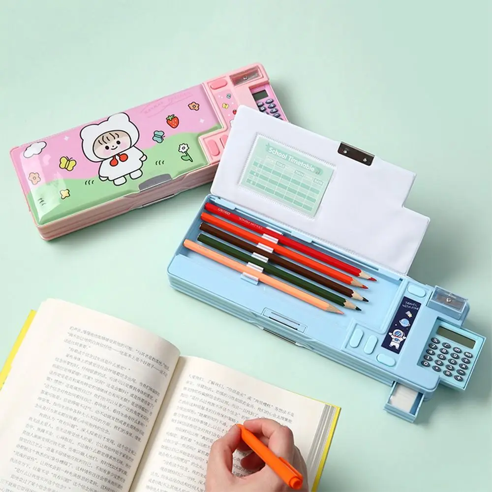 Estuche de lápices de doble capa con calculadora, caja de almacenamiento de papelería con diseño de astronauta/animales, sacapuntas de plástico