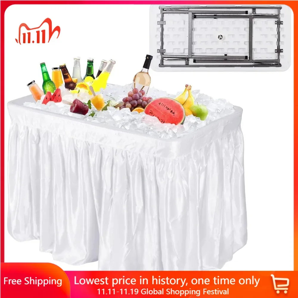 

4 Foot Party Ice Cooler Table with Removable Matching Skirt & Drain Plug, Portable Folding Ice Cooler Table