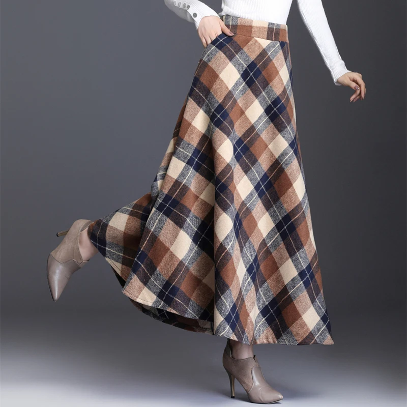 Plus Size 3XL Women Plaid Skirt Thick Warm Elegant Tall Waist Long Skirt 2021 Winter Casual Woolen Long Plaid Skirt Female Skirt