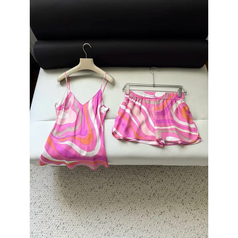 2026 Women Peachy Pink Vortex Pattern Printed Silk Camisole Top+Elastic Waist Silk Shorts