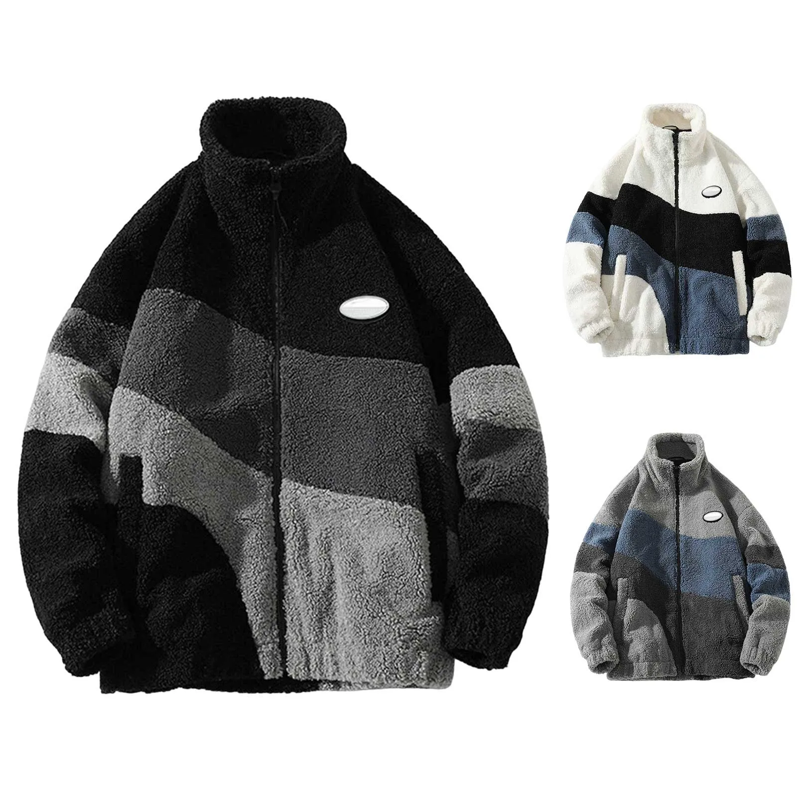 Men Winter Fleece Jackets Fashion Lambswool Contrast Color Coat Stand Collar Streetwear Loose Coat Vintage Warm Thick Outwear