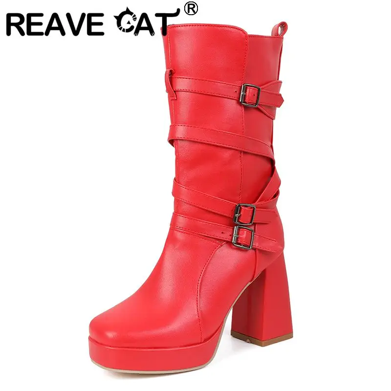 REAVE CAT Yellow Women Mid Calf Boots Square Toe 7cm Block Heels 2.5cm Platform Slip On Belt Buckle Plus Size 47 48 49 50 Botas