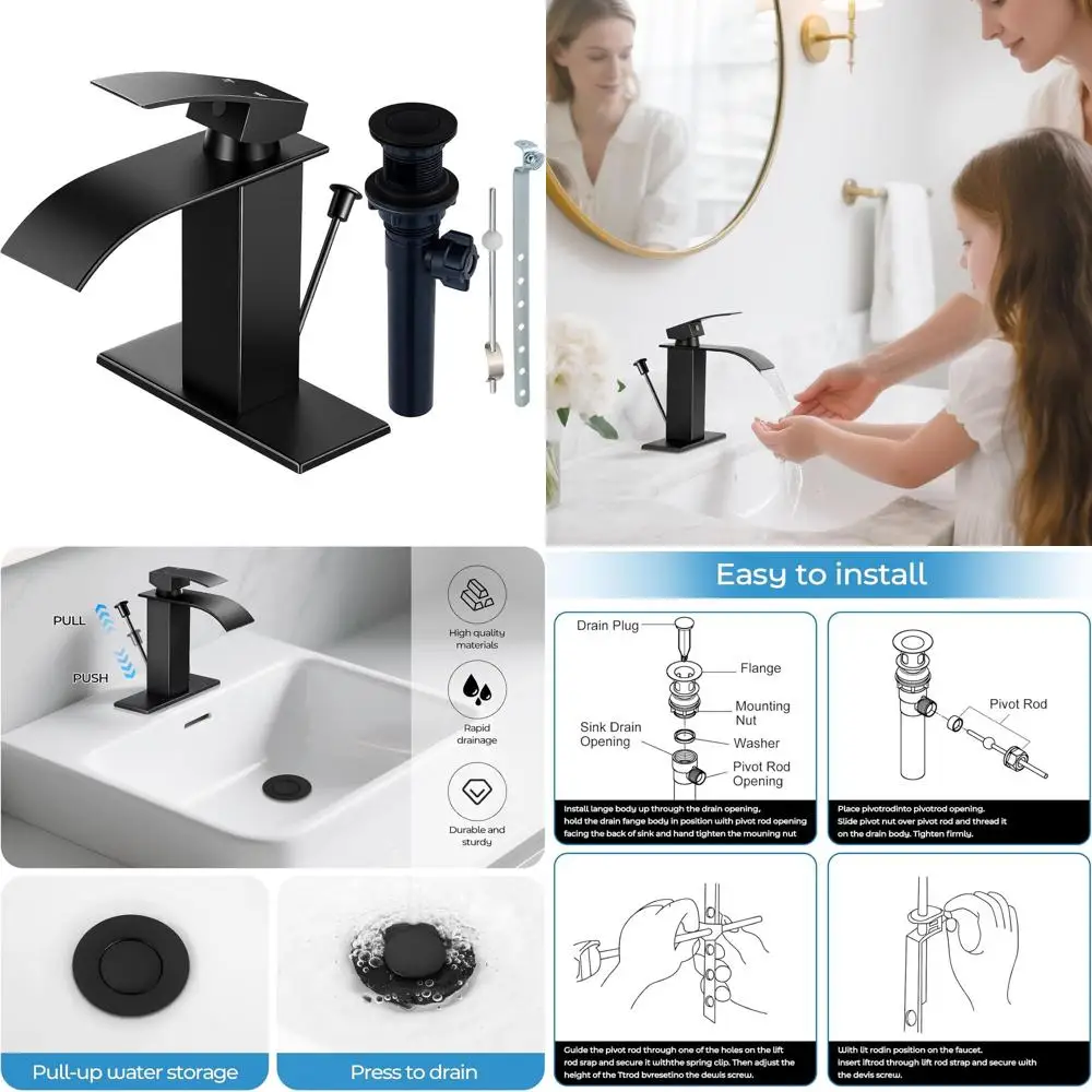 

Modern Single Handle Matte Black Bathroom Faucet with Lift Rod Drain, 1 or 3 Hole Deck-Mounted Vanity Sink Mixer Tap for RV and