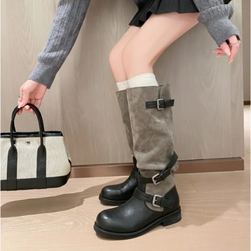 Botas de media caña de lujo para mujer, botas retro de estilo motero, botas de tacón grueso, zapatos de mujer, botas de cuero sintético, zapatos de mujer.