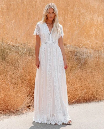 

Women's V Neck Short Sleeve Floral Lace Wedding Dress Bridesmaid Cocktail Party Maxi Dress