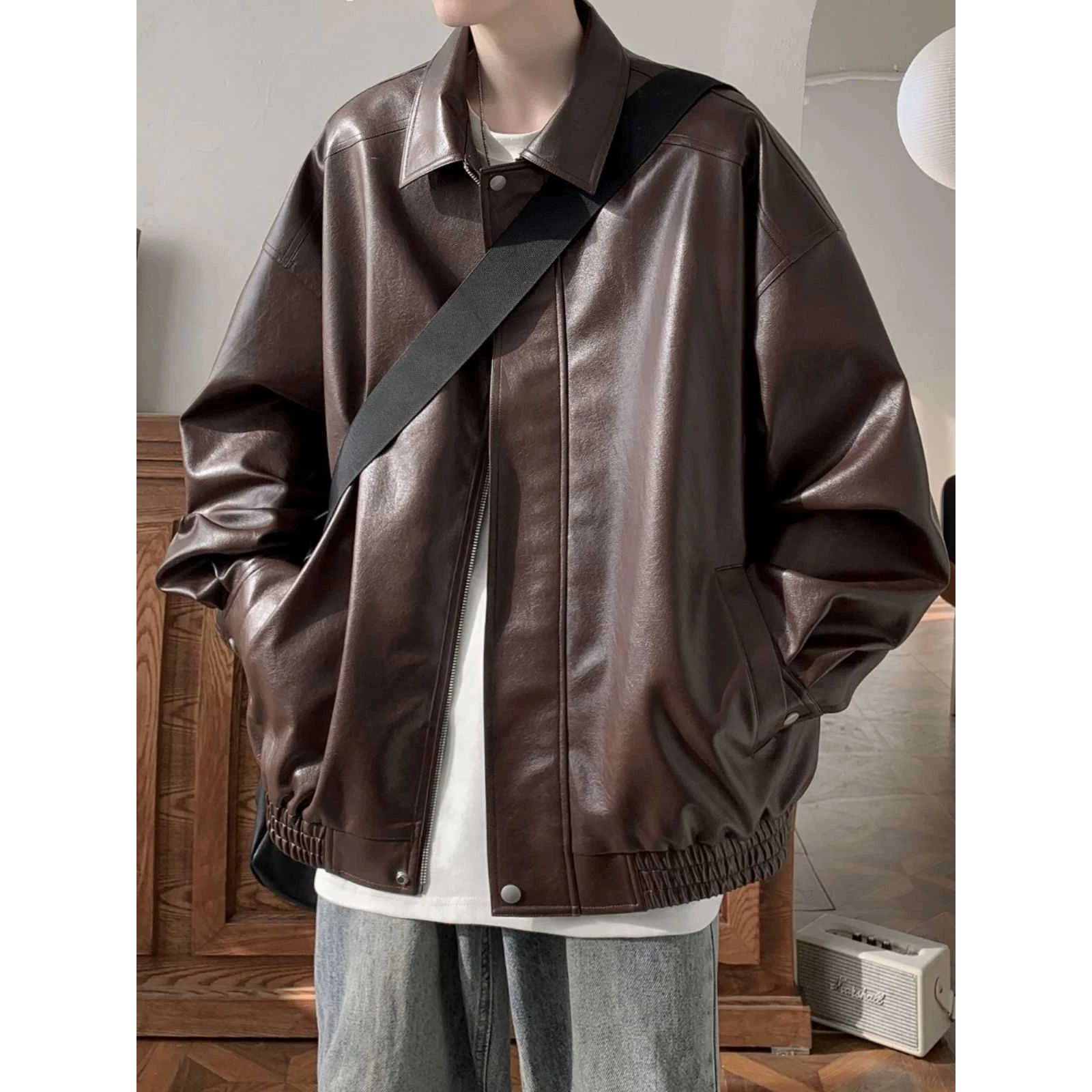 

American Retro Leather Jaet Men's Spring Autumn Casual Loose PU Leather Collar Jaet Windproof Seven Sve Zipper Closure