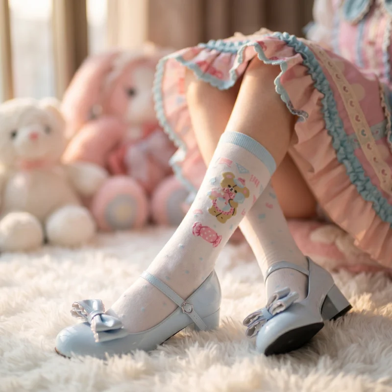 Damen-Socken mit Kawaii-Erdbeer-Kuchen-Print, süße, süße Lolita-Socken in mittlerer Wadenlänge für den täglichen Gebrauch, Cosplay-Party – Detail 6