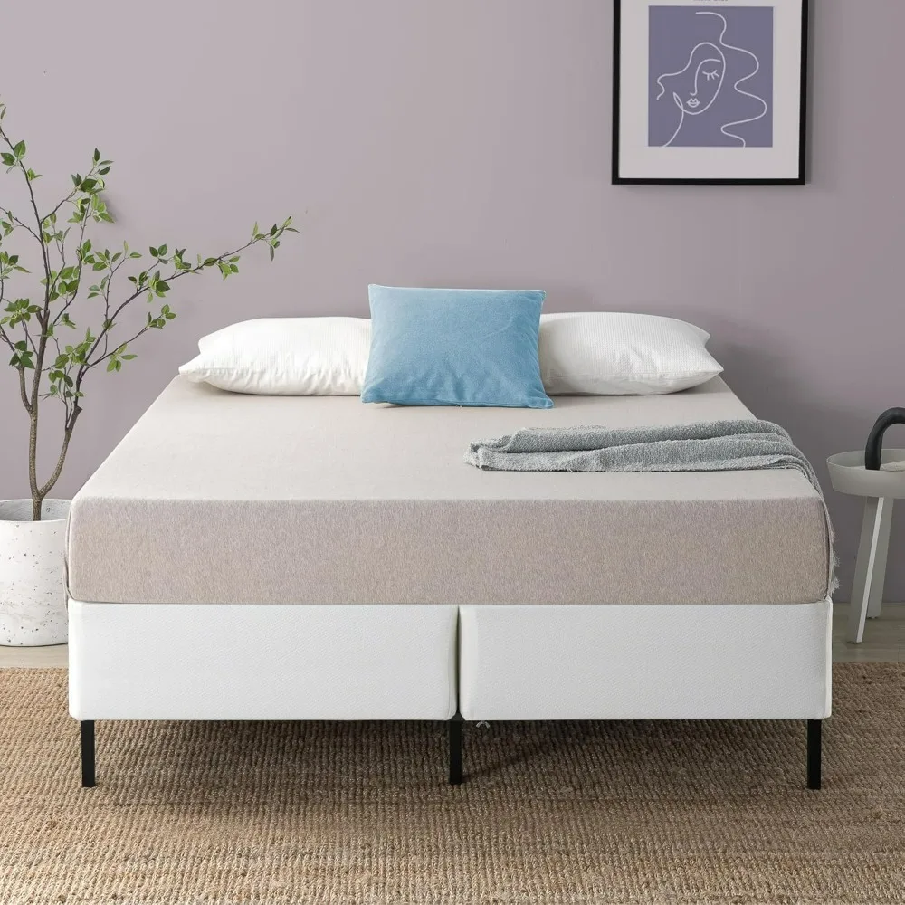 Mattress, No Assembly Metal Box Spring, White Mattress Foundation, Sturdy Metal Structure with Poly Jacquard Cover for Bedroom