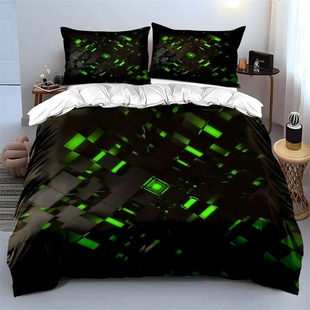 3Pcs Neon Green Tech Bedding Set,3D Geometric Cube Print Duvet Cover + 2 Pillowcases,Futuristic Pattern for Gamer Teens Bedroom