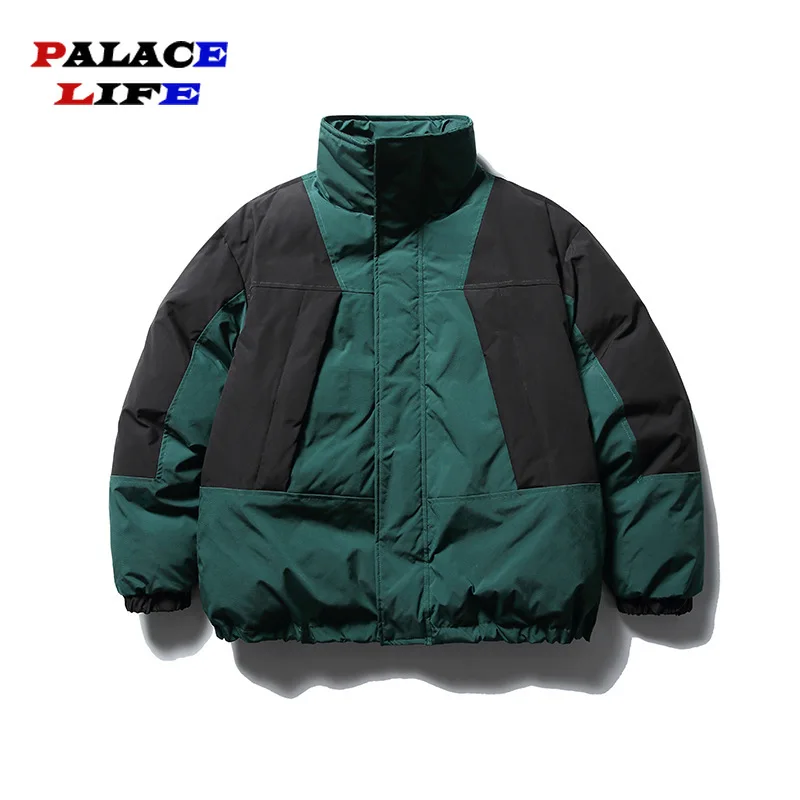 Mens Fashion Winter Warm Parkas Contrast Patchwork Pocket Outdoor Couple Casual Oversize Coat Waterproof Outerwear Unisex Jacket