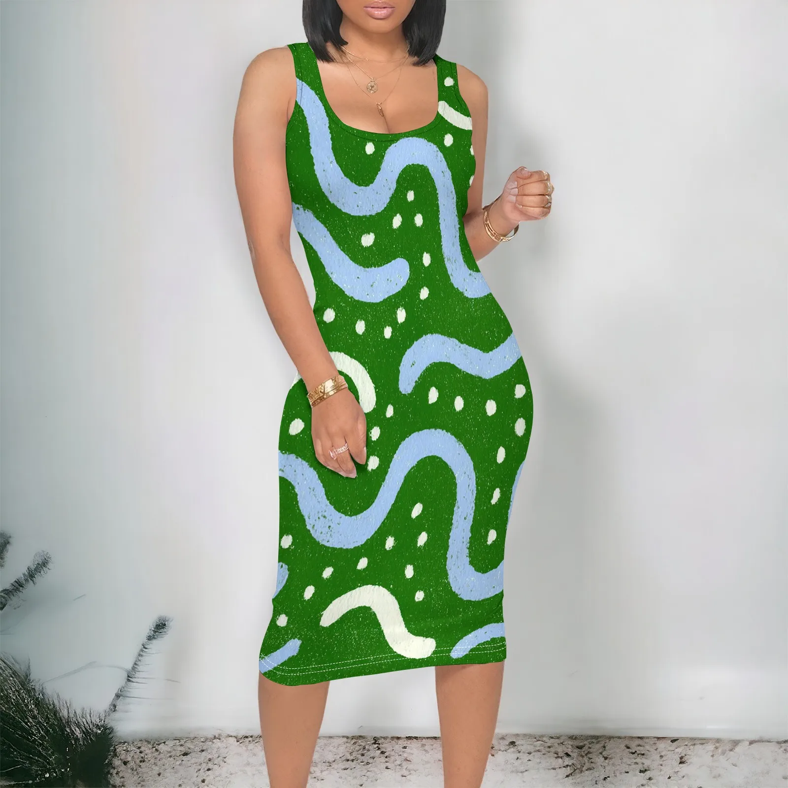 

Green Abstract Dot Print Midi Dress S-3XL Sleeveless Casual Style for Weekend Picnic, Art Market or Summer Street Look
