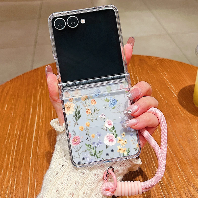 Blumenmuster-Schlüsselband-Klarhülle für Samsung Galaxy Z Flip 7 FE 6 5 4 3 5G Faltbare PC-Hülle für Samsung Z Flip7 Flip6