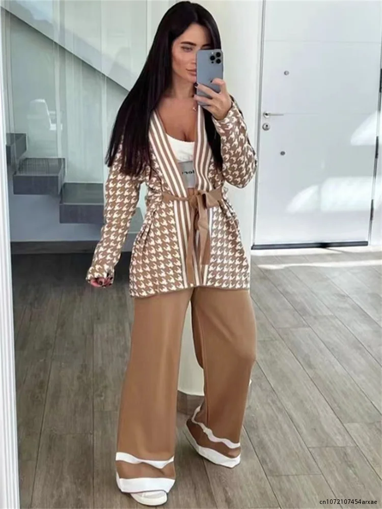 Winter Casual Houndstooth Two Pieces Suits Long Sleeve Knitted Cardigan Coat  Wide Leg Pant Female Loose Sweater Sets Tracksuit