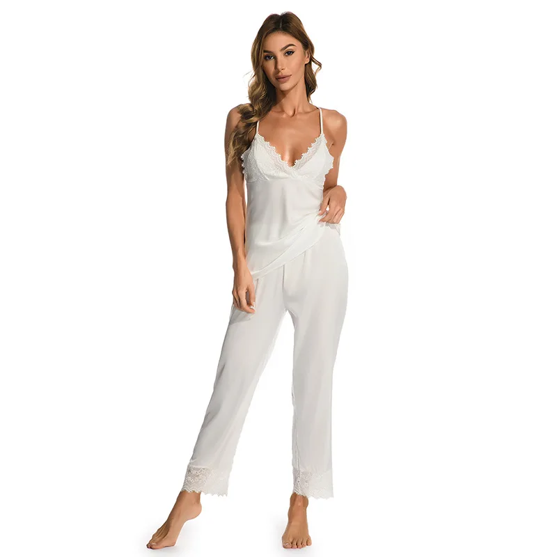 

Sexy Sleepwear Women's Can Be Worn Outside Ice Silk Erotic Suspender Nightgown Long Pants Home Suit Set Lace Splicing Pajama Set