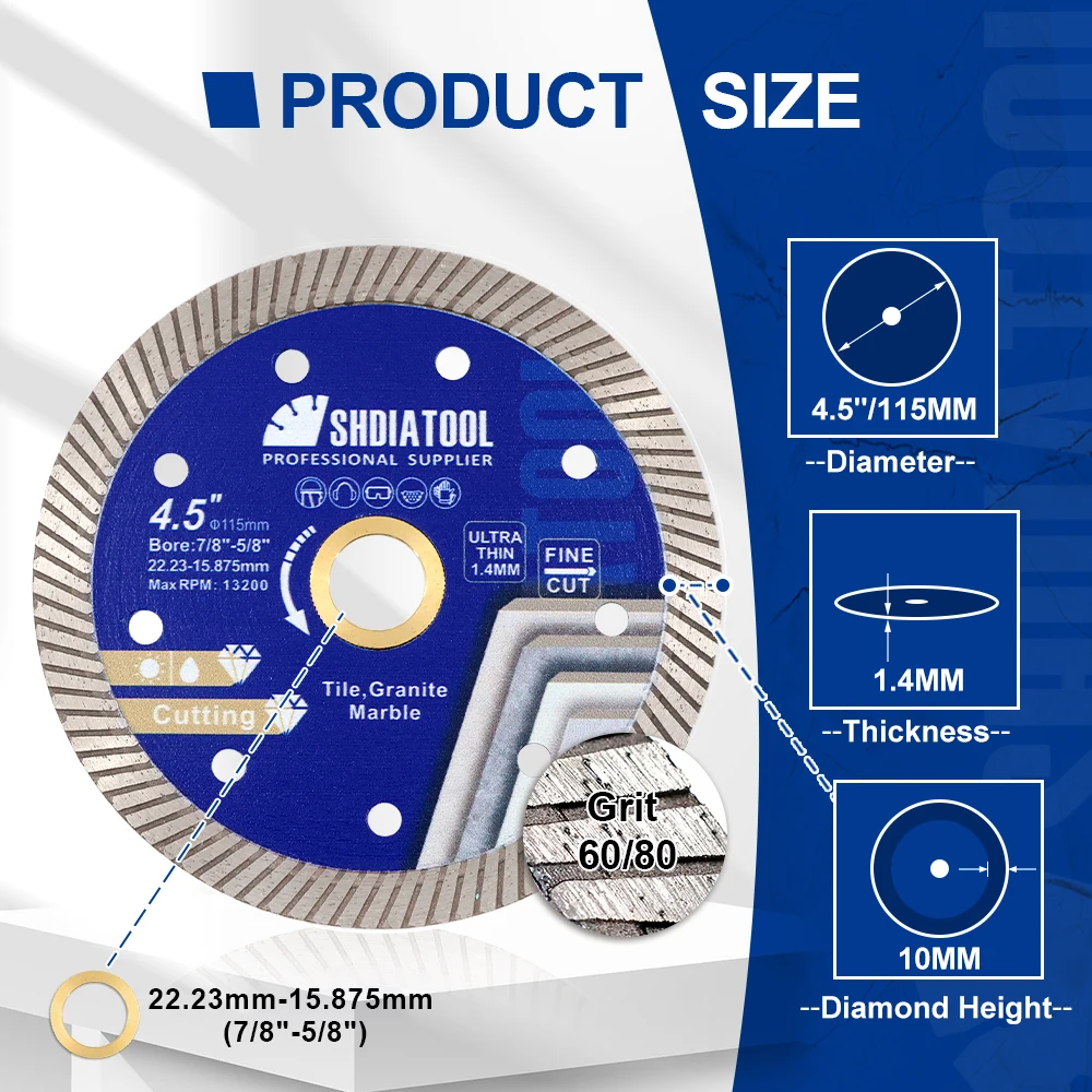 SHDIATOOL Dia115mm Lama per sega diamantata superfine 1/2/3/5 pezzi Disco da taglio per piastrelle in ceramica Turbo da 4,5 pollici Taglierina circolare per marmo granito