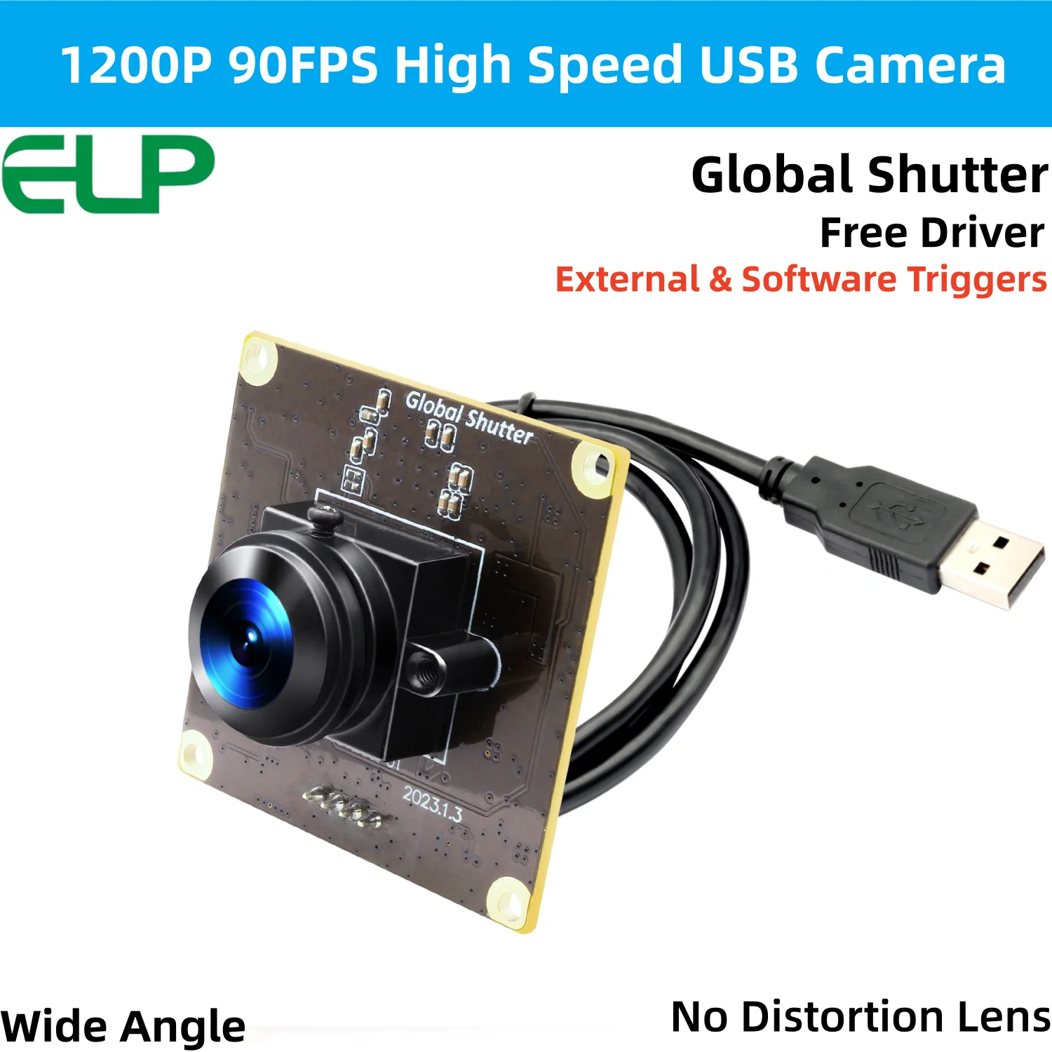 ELP 1200P 90FPS Global Shutter USB Camera Module AR0234 CMOS Sensor 126° Wide Angle No Distortion Plug & Play for Industrial