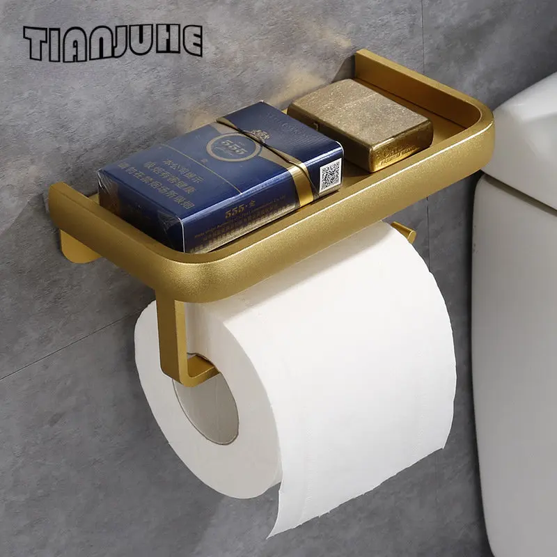 Toilet Paper Holder with Phone Shelf Adhesive or Screw Wall Mounted Toilet Paper Roll Storage Bathroom Tissue Roll Holder
