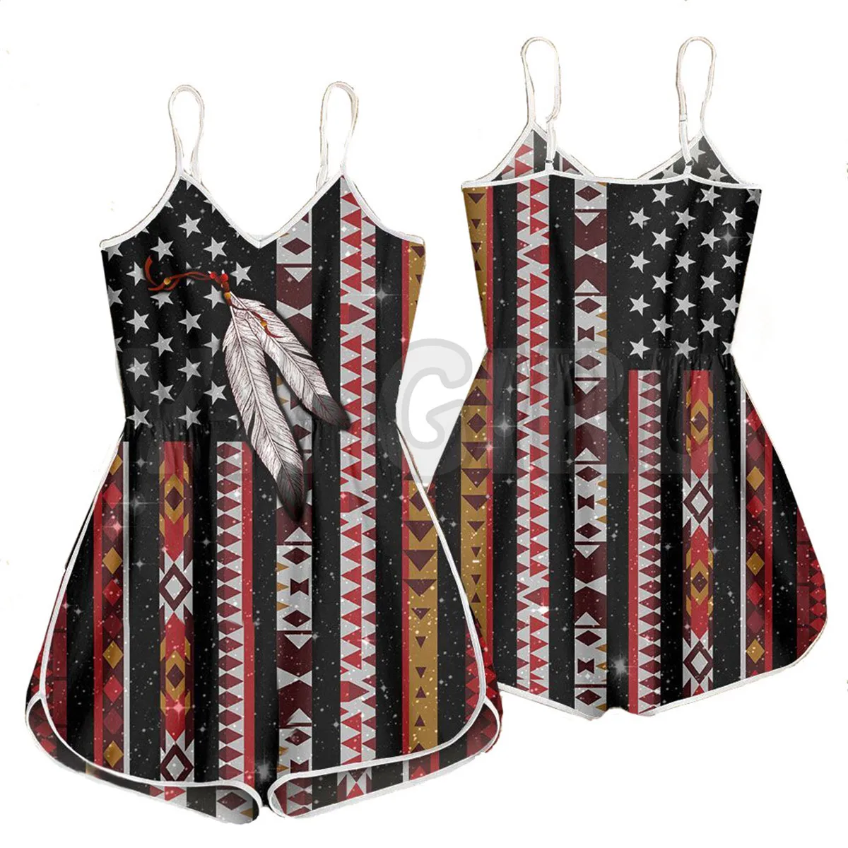 

YX GIRL Native Feather 3D All Over Printed Rompers Summer Women's Bohemia Clothes