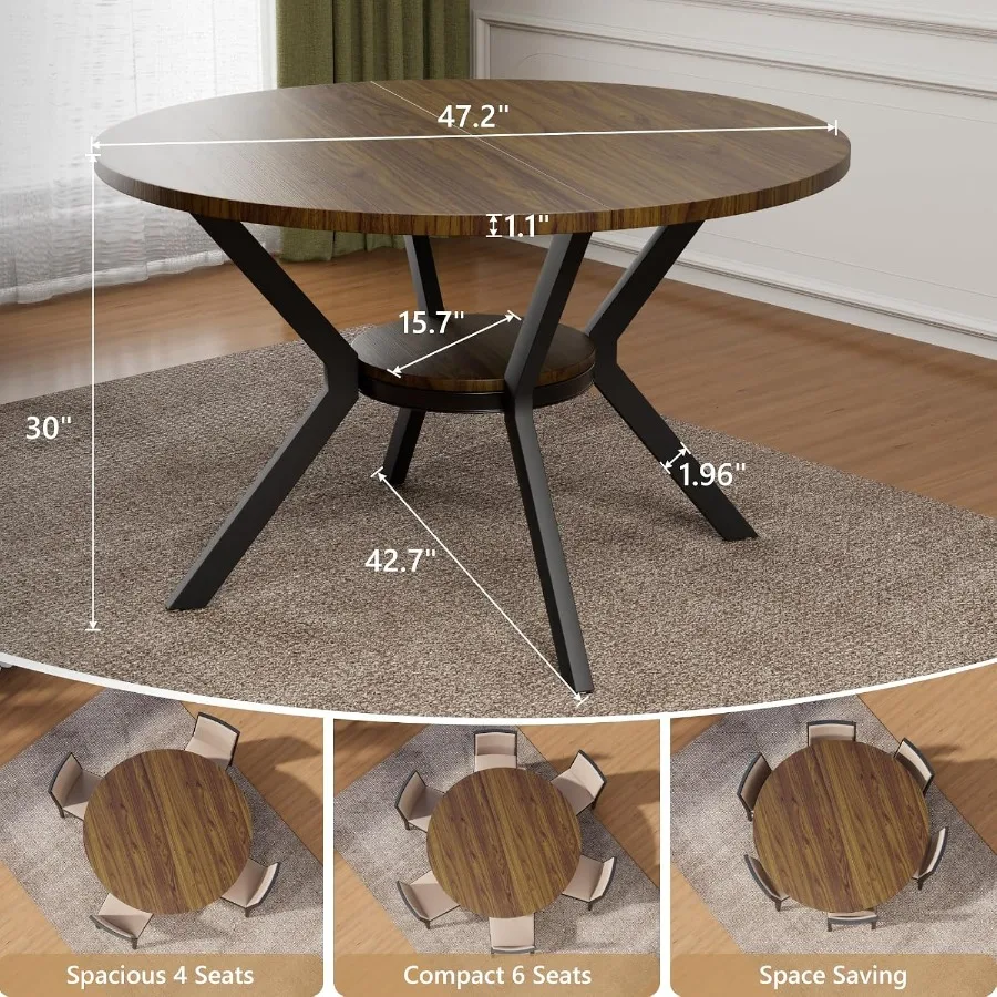 Round dining table for 4-6 with storage shelf, wood grain top and metal legsspace-saving circle kitchen table in natural brown