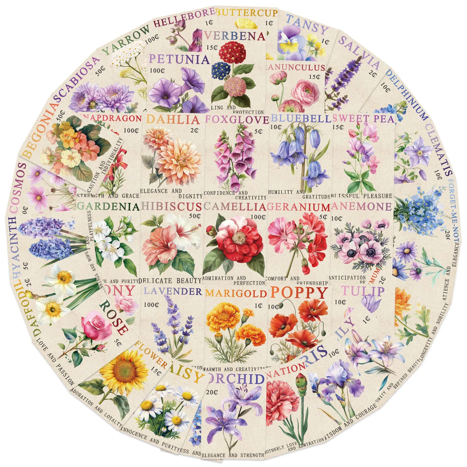 50PCS Retro Stamp Style Stickers Flowers Graffiti DIY Plant Decoration Kids Toys Suitcase Fridge Laptop Guitar Car Bike Decals