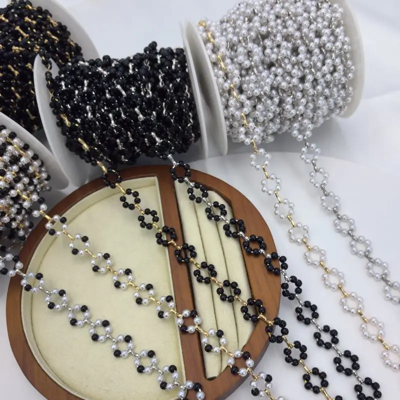 1m Gold Plated Artificial Pearl Floral Flower Link Chain For DIY Necklace Bracelet Anklet Jewelry Craft Components Wholesale 