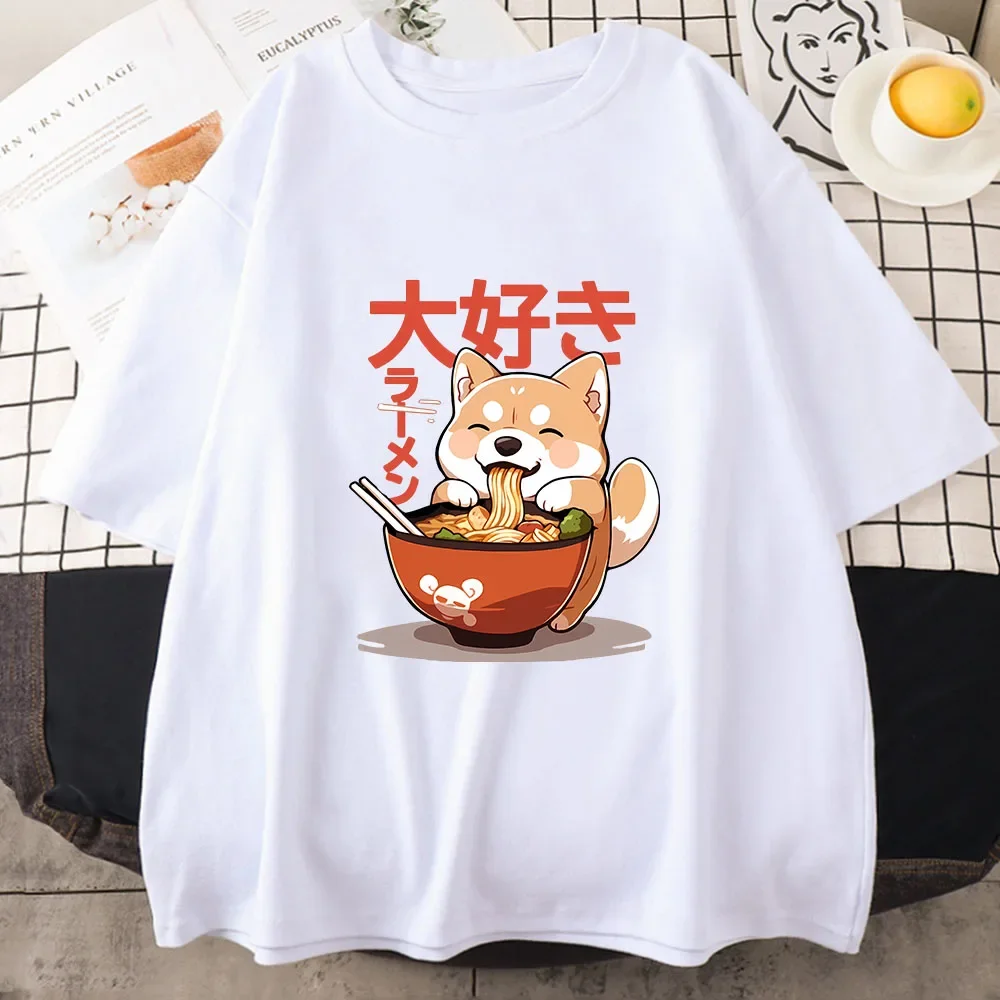 Shiba Inu Enjoying Ramen T-shirts Summer Tee-shirt Casual Women Kawaii Tshirt Cute Girls Shirts Summer Streetwear Fashion Y2K
