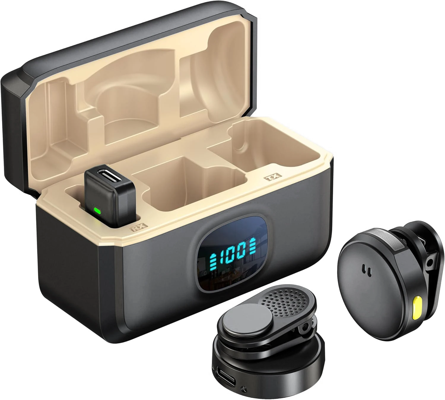Wireless Microphone (2 TX + 1 RX + Charging Case), Wireless Lapel Mic with 48KHz/16Bit, Noise Cancellation, 200ft Range, 40H Bat