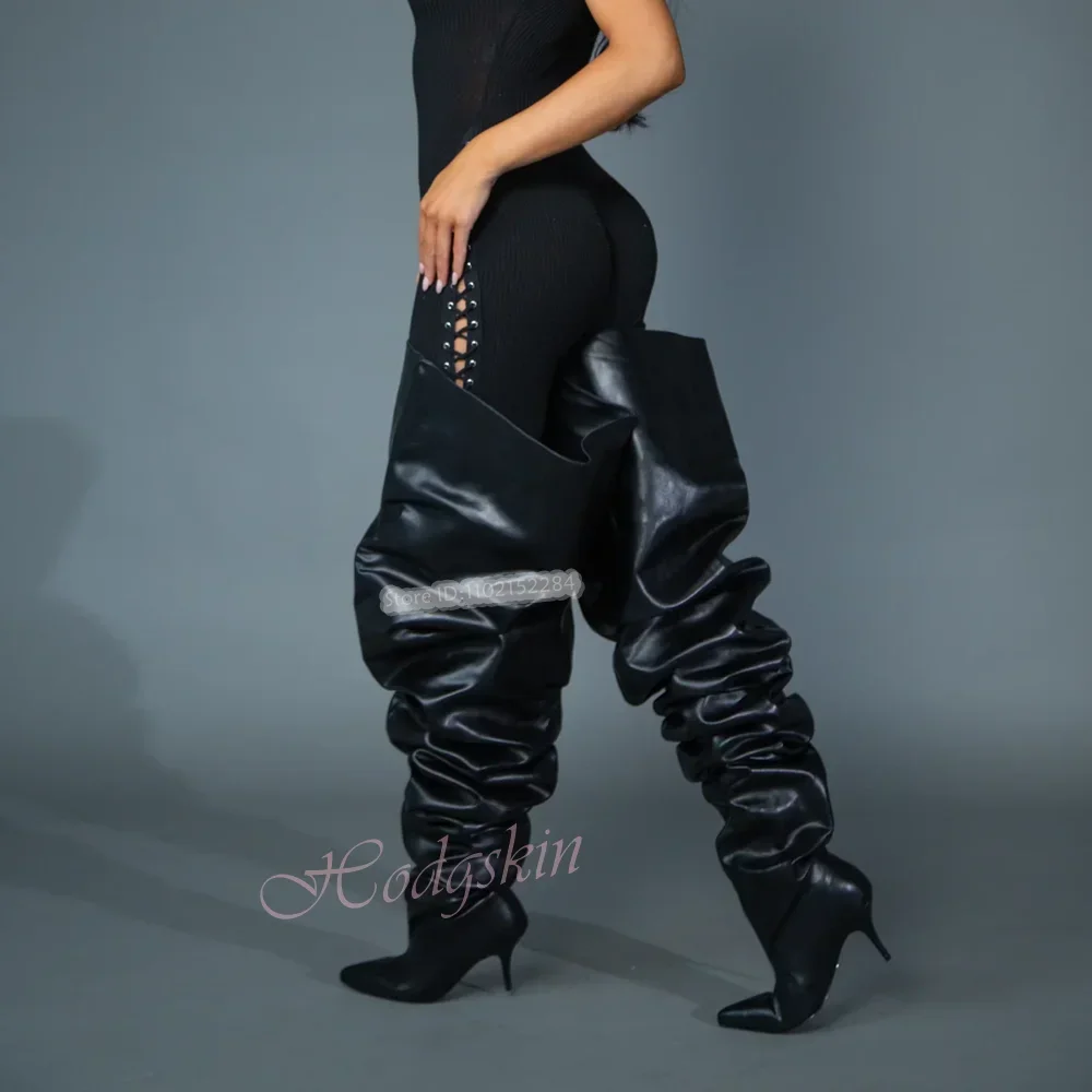New Big Thigh High Boots Slip On Leather Pointy Toe Stiletto Heels Women Shoes Winter Party Designer Oversize Sexy Long Boots