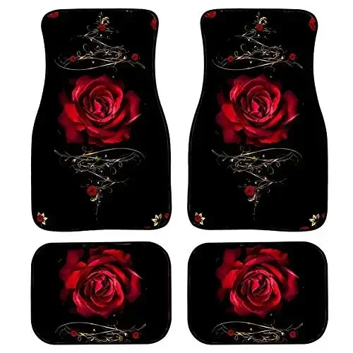 Aimaao Red Rose Flower Pattern Car Floor Mats Stylish Decor Carpet Floor Mats Front & Rear Full Set Universal Fit Cars SUV