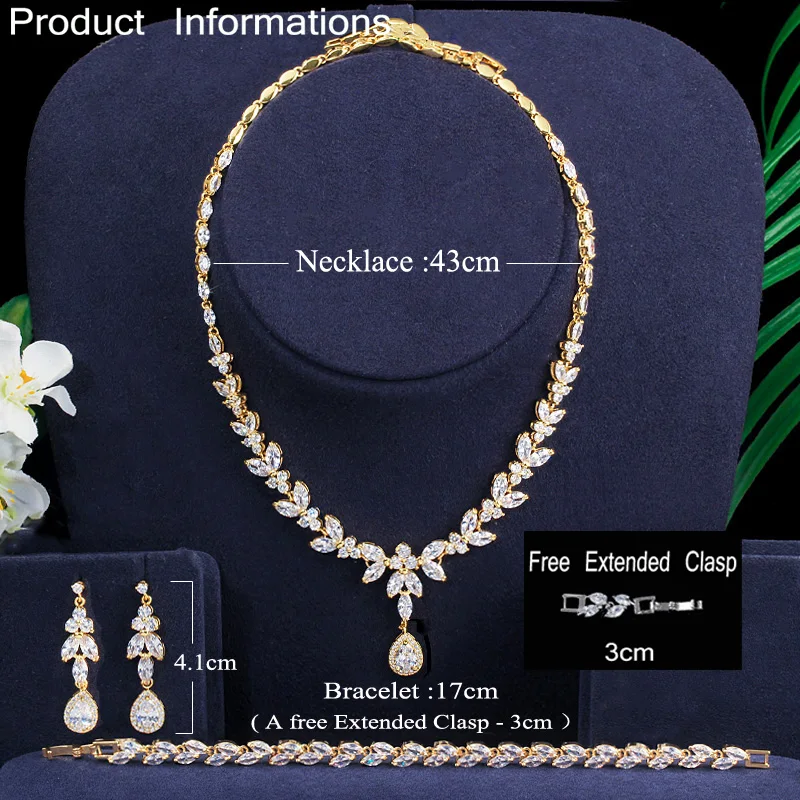 ThreeGraces 3Pcs Shiny Water Drop CZ Wedding Necklace Earrings and Bracelet Luxury Prom Costume Jewelry Set for Women JS629