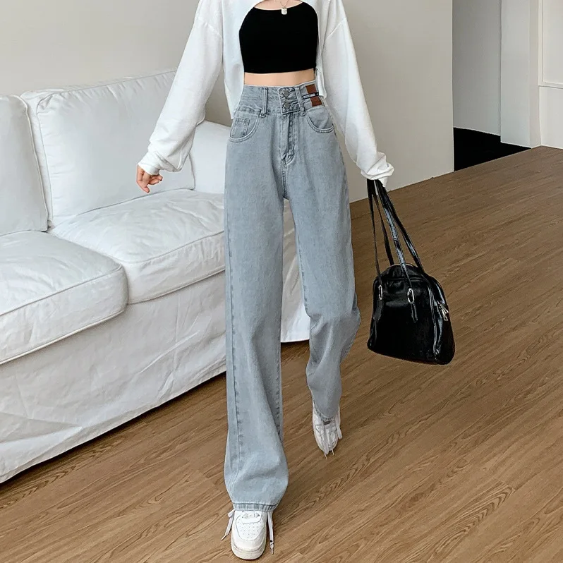 สูงเอวตรงกางเกงยีนส์ผู้หญิงล้าง Jean DENIM กางเกงยาวหลวมกระเป๋า Casual Distressed Zipper Fly ฤดูใบไม้ผลิแบน